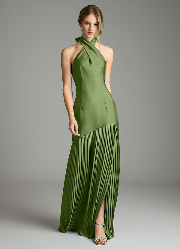 Azazie Nayeli Bruidsmeisjes Jurken Jurk van Stretch Satijn met A-Lijn Geplooid Jeneverbes image1