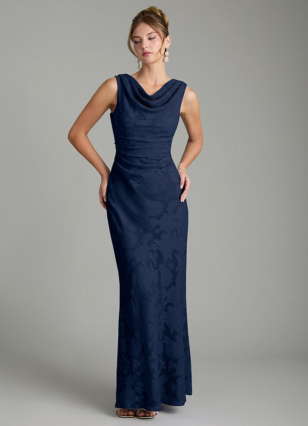 Azazie Kieryn Vestidos Dama de Honor Vestido de Azul Marino Oscuro de Devorado Floral de Corte Sirena con Plisado image1