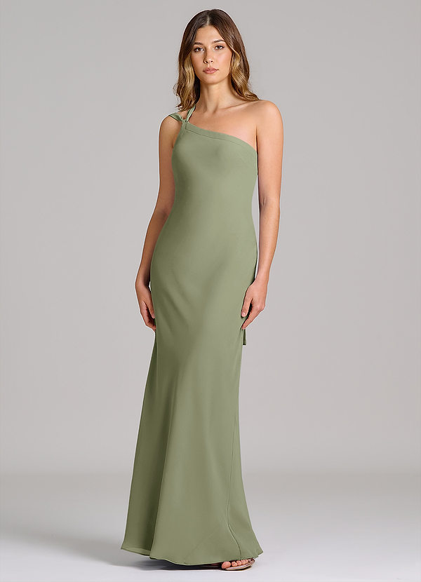 Azazie Monroe Vestidos Dama de Honor Vestido de Pistacho de Gasa de Corte Recto con Hombro unilateral image1