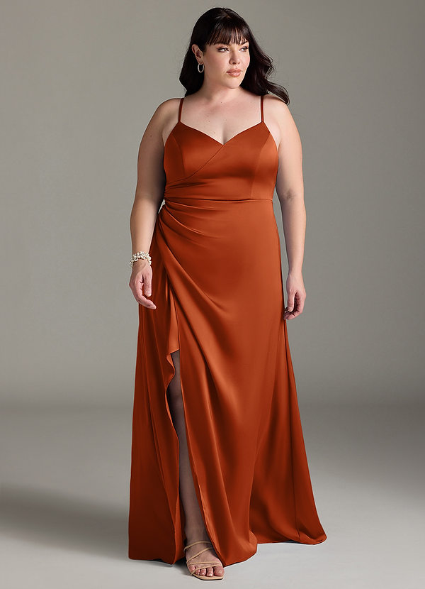 Azazie Marchella Bridesmaid Dresses Burnt Orange A-Line Corset Stretch Satin Dress image1