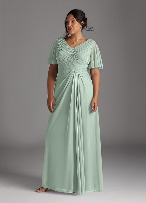 Azazie Emmeline Mother of the Brides Dresses Agave A-Line V-Neck Pleated Mesh Dress image1