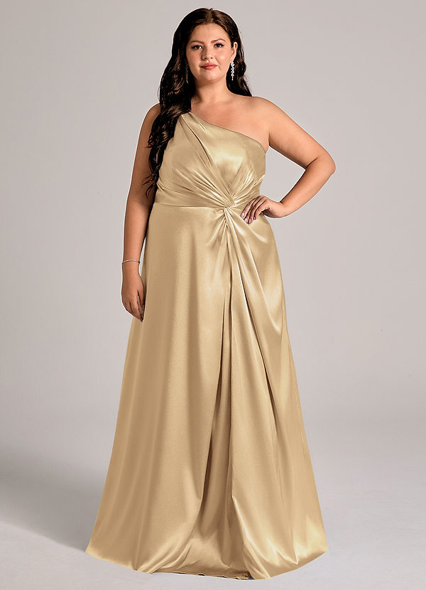 Azazie Brooke Bridesmaid Dresses Champagne A-Line One Shoulder Metallic Satin Dress image1