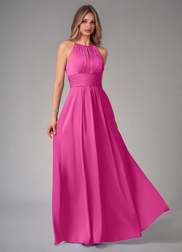 Azazie Bonnie Bridesmaid Dresses Fuchsia A-Line Pleated Stretch Satin Dress image1
