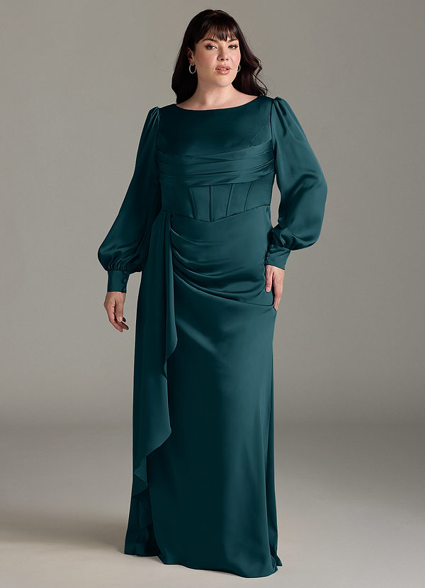 Azazie Raye Bridesmaid Dresses Pine Mermaid Long Sleeve Stretch Satin Dress image1