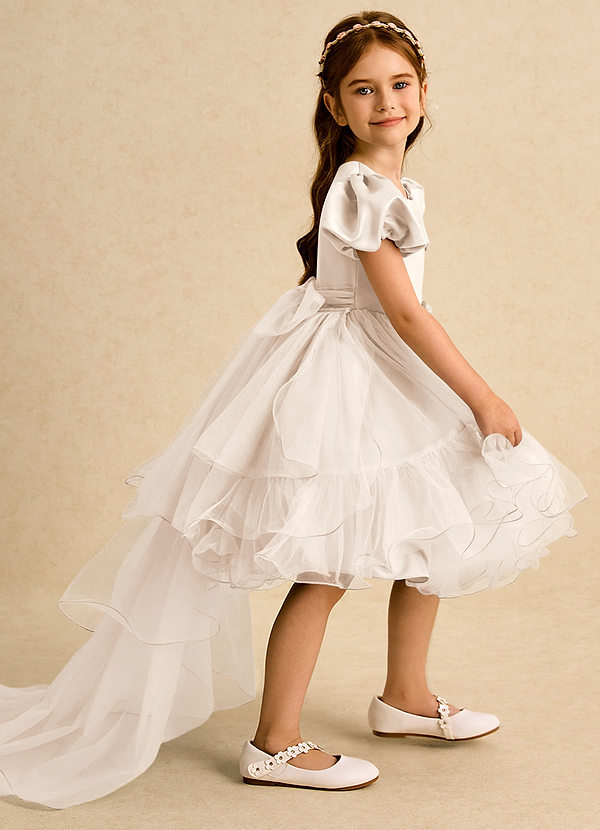 Azazie Cocoa Vestidos de Niña de Flores Vestido de Alabastro Blanco de Tul de Princesa con Plisado image1