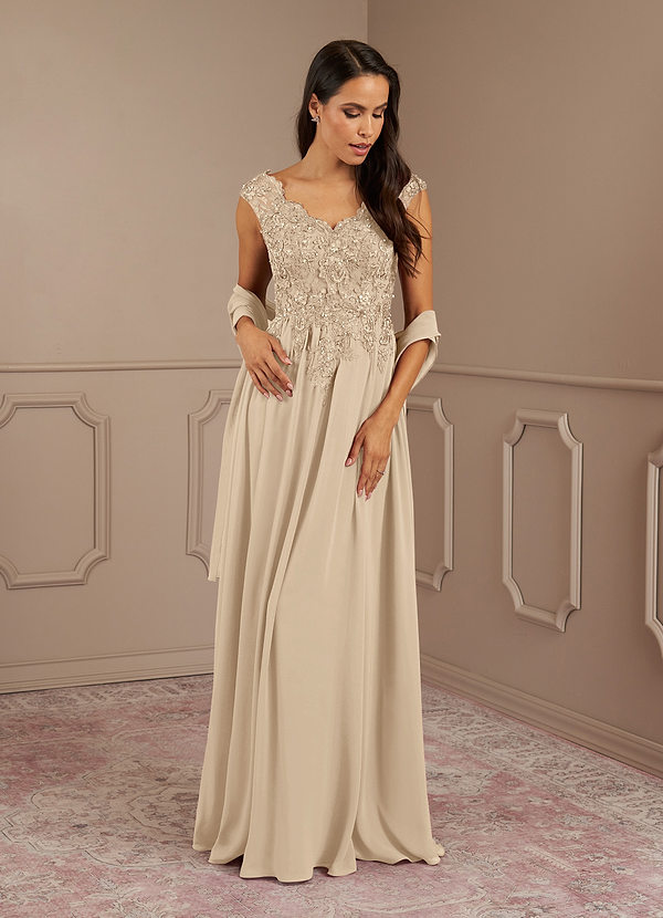 Azazie Amethyst Brautmutterkleider A-Linie V-Hals Pailletten Chiffon Kleid Champagner image1
