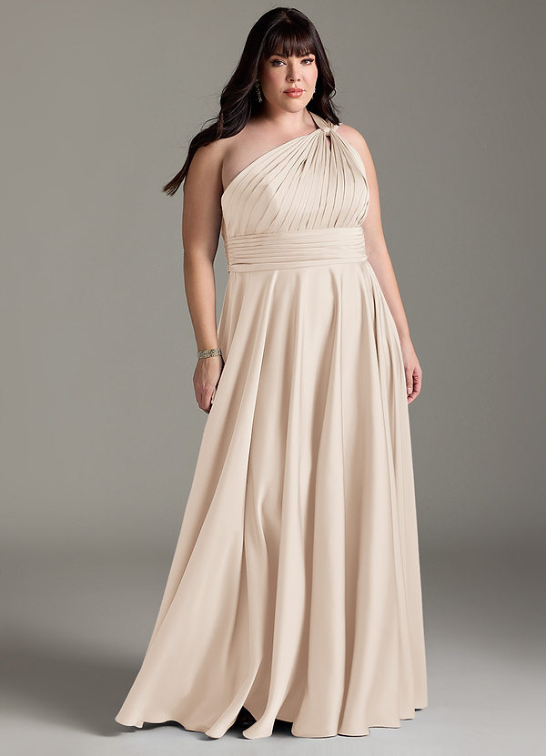 Azazie Charlize Bridesmaid Dresses White Alabaster A-Line One Shoulder Stretch Satin Dress image1