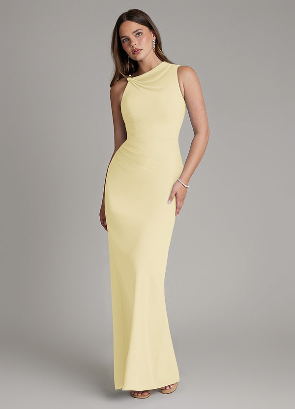 Azazie Charice Bridesmaid Dresses Lemon Sorbet Sheath Pleated Chiffon Dress image1