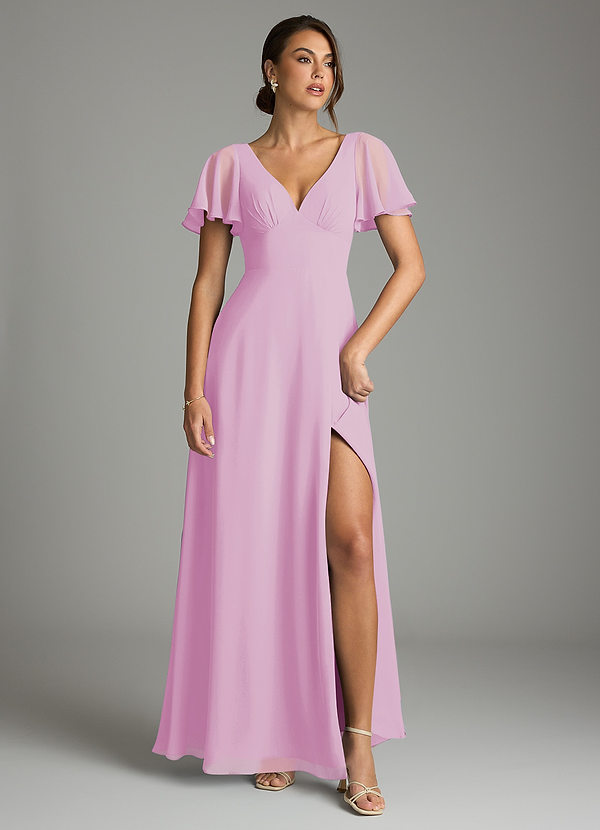 Azazie Kimber Vestidos Dama de Honor Vestido de Rosa Caramelo de Gasa de Corte en A con Manga volante image1