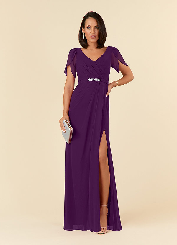 Azazie Marianne Mother of the Brides Dresses Grape Sheath V-Neck Pleated Chiffon Dress image1