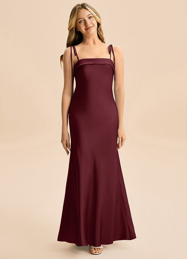 Azazie Willa Junior Vestido de Cabernet de Satén Elástico de Corte en A con Lazo image1