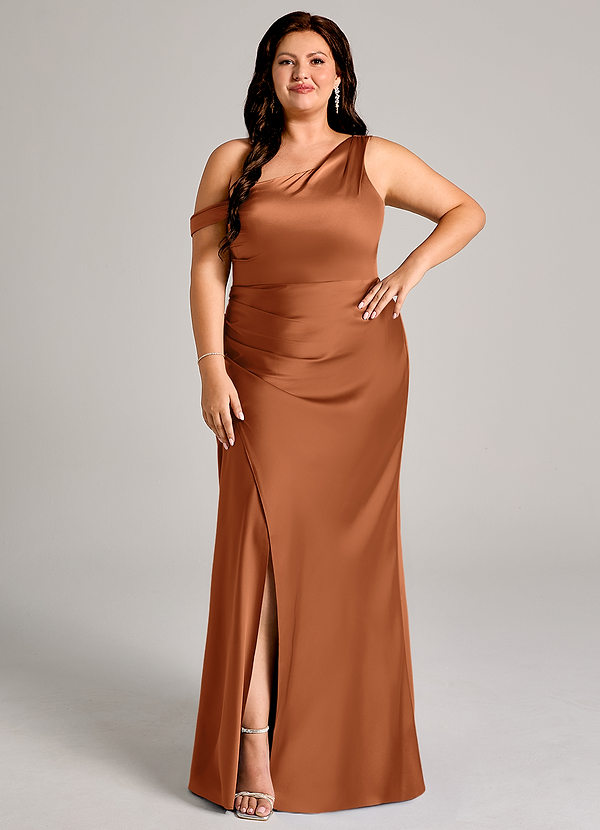 Azazie Madelyn Bridesmaid Dresses Copper Mermaid One Shoulder Stretch Satin Convertible Dress image1