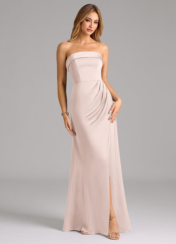 Azazie Aretha 신부 들러리 드레스 A라인 스트랩리스 스트레치 새틴 바닥 길이 드레스 image1