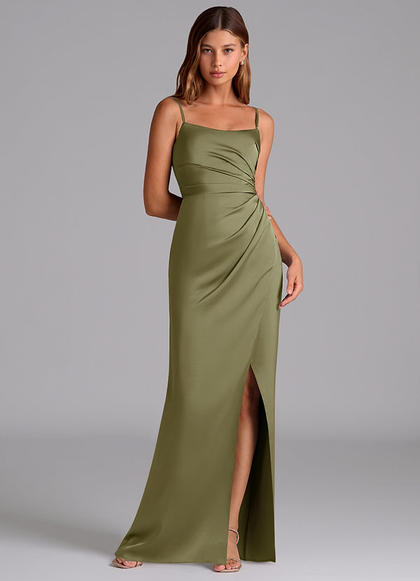 Azazie Calandra Suknie dla druhen Linia A Pofałdowany Satyna elastyczna Do ziemi Sukienka image1