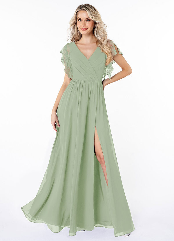 Azazie Zella Bridesmaid Dresses Dusty Sage A-Line Lace Chiffon Dress image1