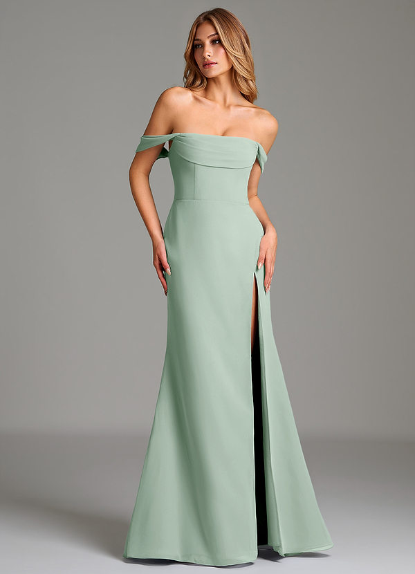 Azazie Riley Bridesmaid Dresses Agave Sheath Off the Shoulder Chiffon Convertible Dress image1
