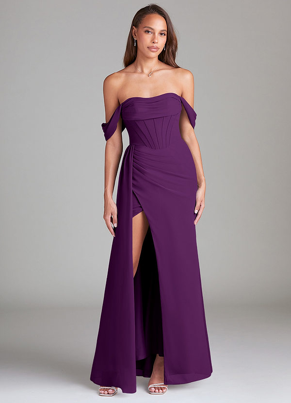 Azazie Amyra Bruidsmeisjes Jurken Converteerbaar Jurk van Chiffon met Kolom Off the Shoulder Druif image1