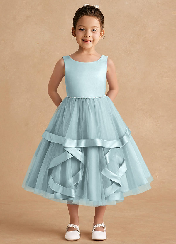 Azazie Posy Blumenkinder Kleider A-Linie Mit Perlen Tüll Kleid Nebel image1