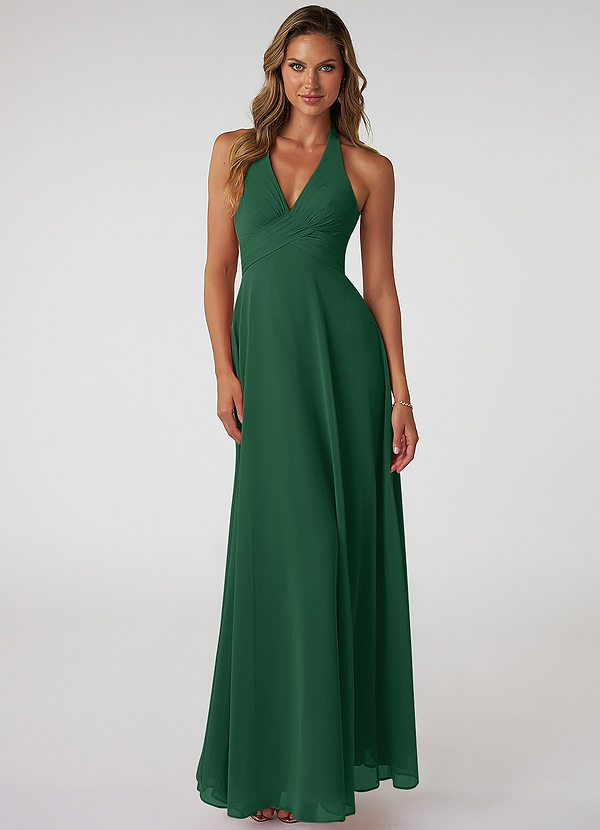 Azazie Tessie Bridesmaid Dresses Dark Green A-Line V-Neck Pleated Chiffon Dress image1