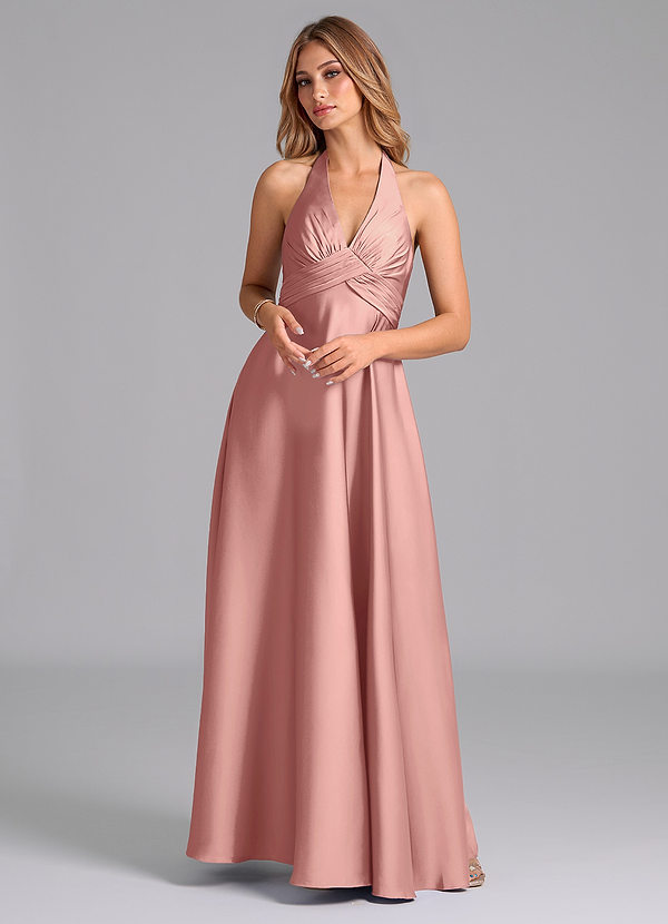 Azazie Tessie Bridesmaid Dresses Rosette A-Line Pleated Stretch Satin Dress image1