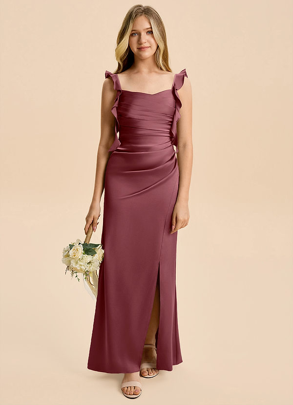 Azazie Jessamine Junior Desert Rose A-Line Ruched Stretch Satin Dress image1