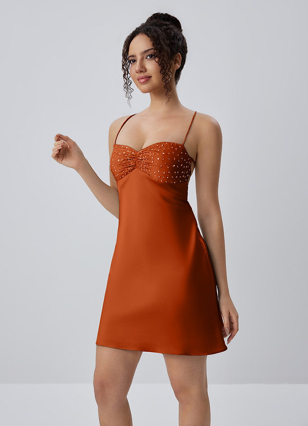 Joviannelle Rust Beading Sequin Embroidery Satin Open Back Mini Dress image1