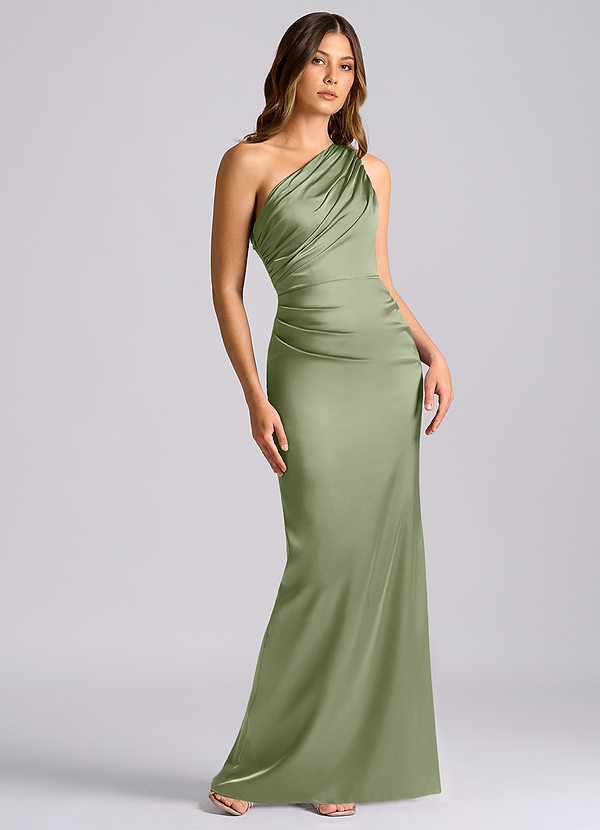 Azazie Akilah Bruidsmeisjesjurken Jurk van Stretch Satijn met Zeemeermin One-shoulder Pistache image1