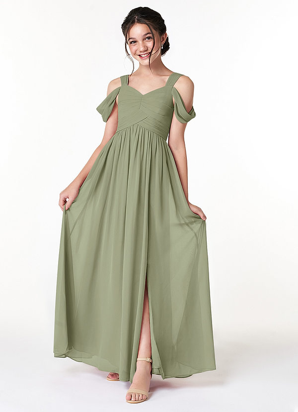 Azazie Lianne Junior Pistachio A-Line Off the Shoulder Chiffon Dress image1