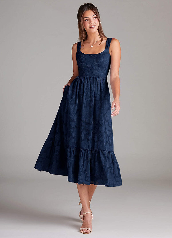 Azazie Alissa Bridesmaid Dresses Dark Navy A-Line with Pockets Floral Burnout Dress image1