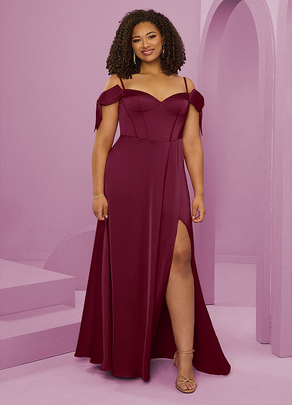 Barbie ♥ Azazie Bridesmaid Dresses Mulberry A-Line Off the Shoulder Stretch Satin Dress image1