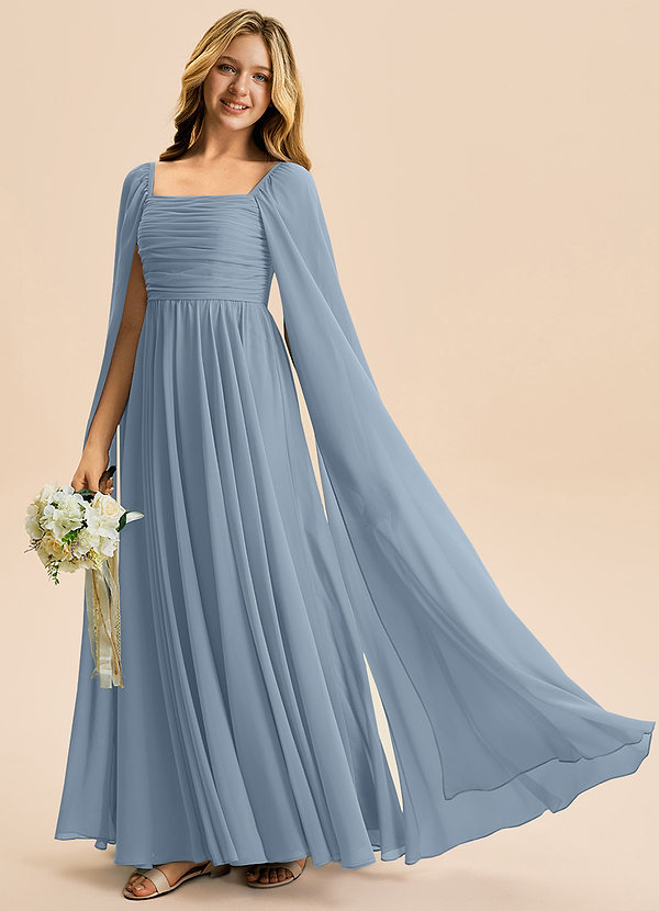 Azazie Calista Junior Vestido Azul Empoeirado de Chiffon de Linha A com Plissado image1