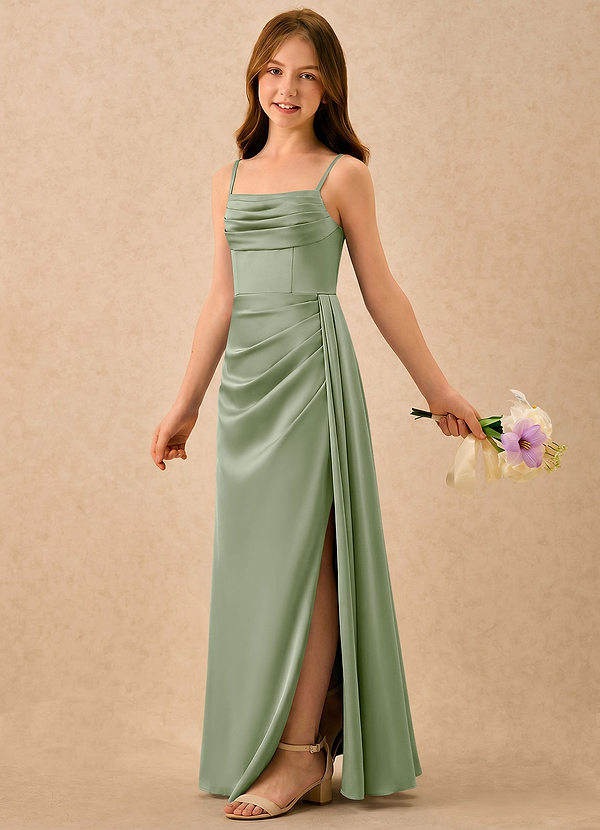 Azazie Shyla Girls Formal Bloemenmeisjesjurken Kolom Jurk van Stretch Satijn Geplooid Stoffige Salie image1