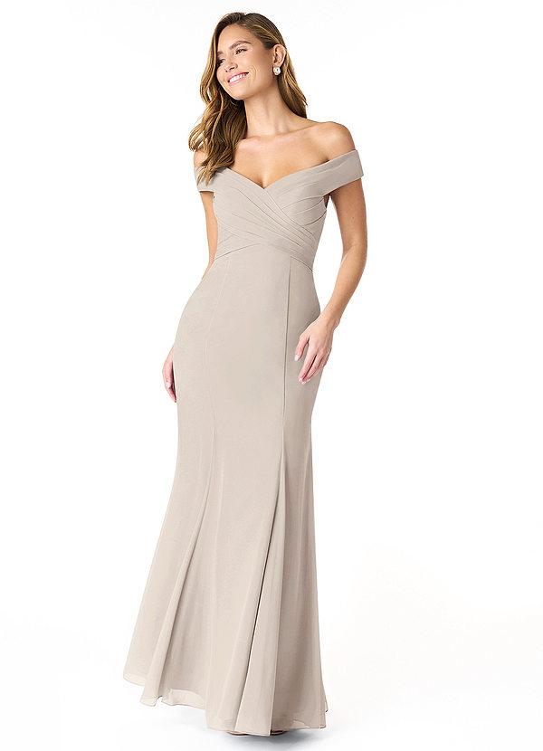 Azazie Lecia Bridesmaid Dresses Frost Empire Off-The-Shoulder Pleated Chiffon Convertible Dress image1