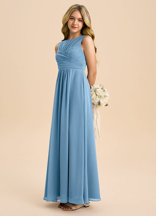 Azazie Skyla Junior Steel Blue A-Line Pleated Chiffon Dress image1