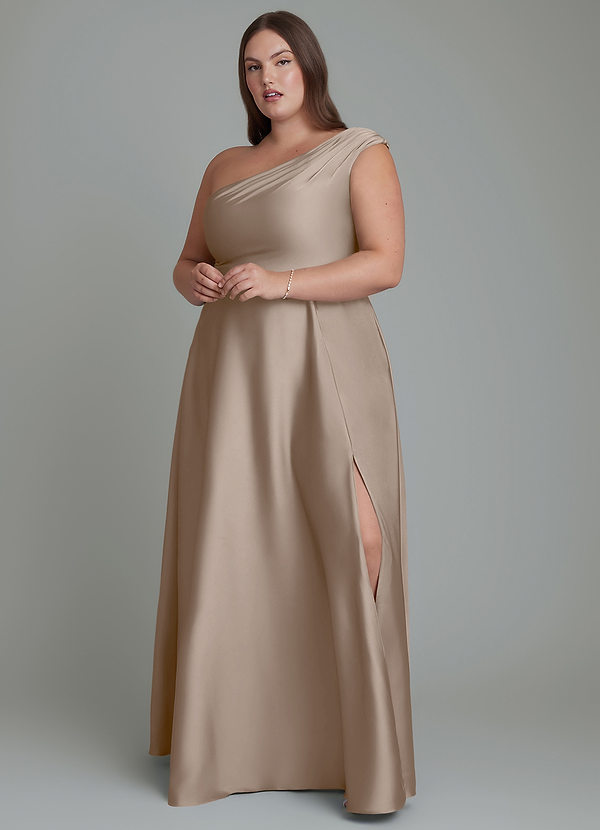 Azazie Melanie Vestidos de dama de honor Vestido Gris Pardo de Satén Elástico de Línea A con Hombros descubiertos image1