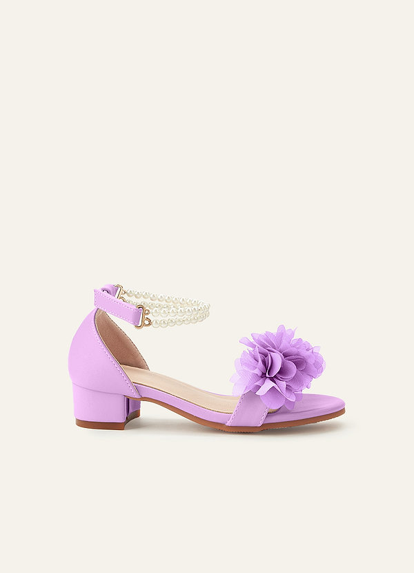 front 3D Chiffon Floral Pearl Ankle Strap Open Toe Flower Girl's Block Heels for Little & Big Kids