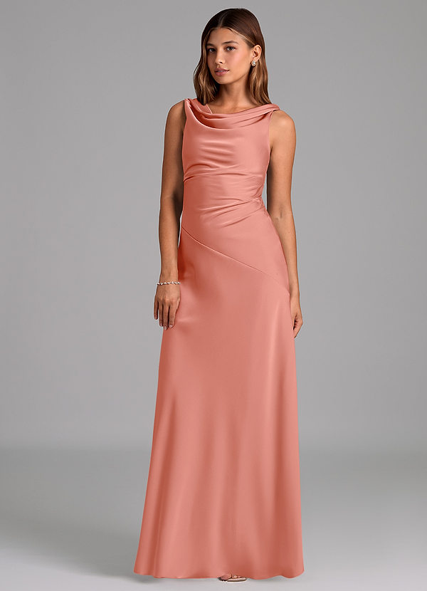 Azazie Nerine 신부 들러리 드레스 A라인 주름진 스트레치 새틴 바닥 길이 드레스 image1