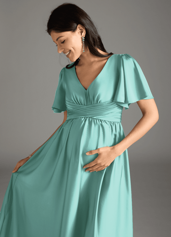 Azazie Verna Brautjungfernkleider für Schwangere A-Linie Gestreift Stretch-Satin Bodenlänge Kleid image1