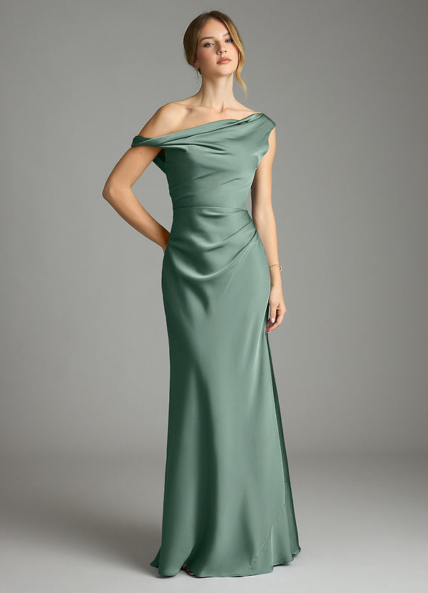 Azazie Emerson Bridesmaid Dresses Eucalyptus Mermaid Off the Shoulder Stretch Satin Dress image1