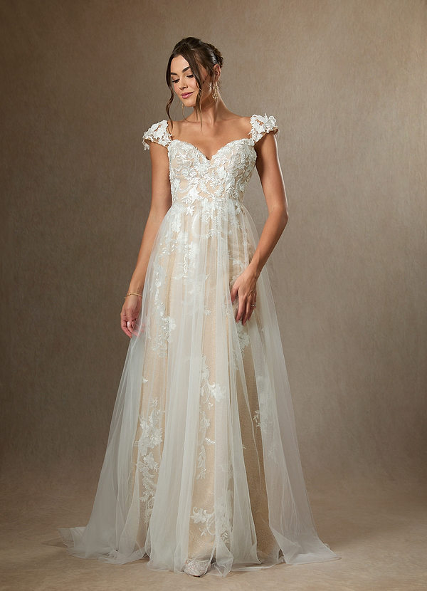 Azazie Moonstone Brautkleider A-Linie Herzchen Pailletten Tüll Kleid Diamantweiß Champagner image1