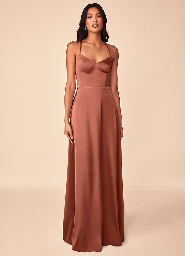 Azazie Mei Robes Demoiselle d'honneur Robe Trapèze en Satin extensible Col en V Argile image1