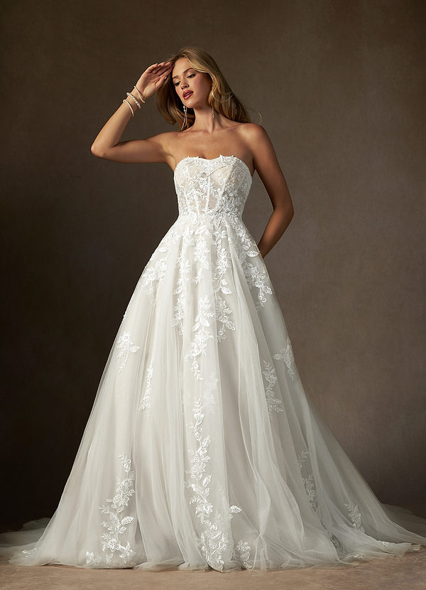 Azazie Keri Wedding Dresses Diamond White Ball-Gown Strapless Lace Dress image1