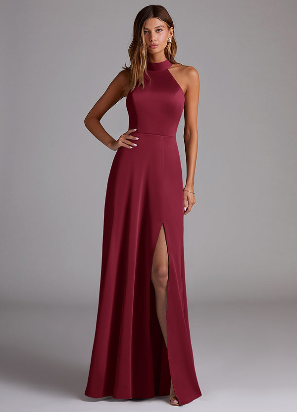 Azazie Myra Bridesmaid Dresses Burgundy A-Line High Neck Stretch Satin Dress image1