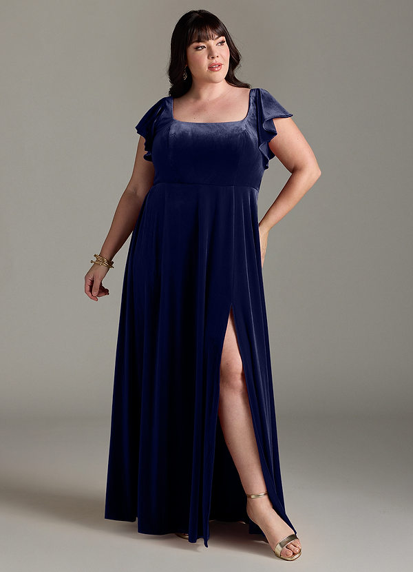 Azazie Bondi Bridesmaid Dresses Dark Navy A-Line Side Slit Velvet Dress image1