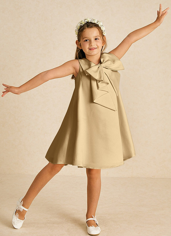 Azazie Zoey Flower Girl Dresses Gold A-Line Bow Matte Satin Dress image1