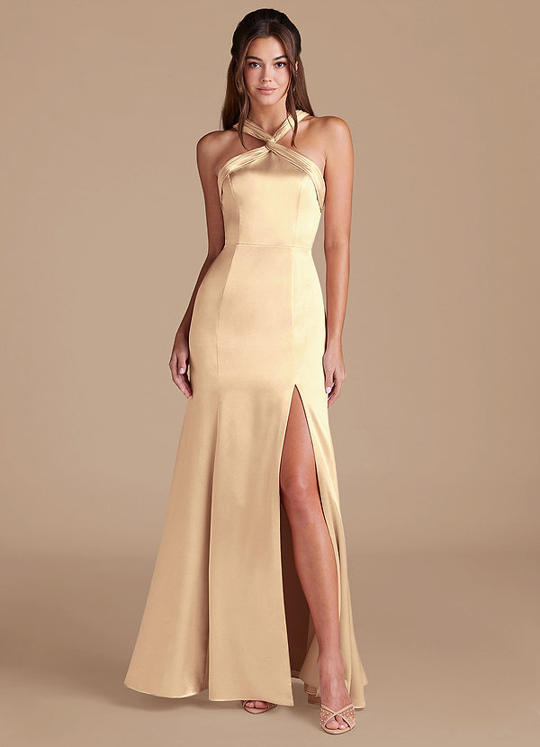 Azazie Rue Bridesmaid Dresses Gold Mermaid Pleated Metallic Satin Dress image1