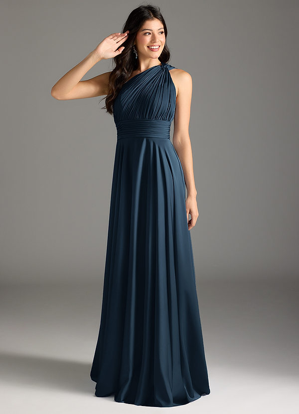 Azazie Charlize Bruidsmeisjesjurken Jurk van Stretch Satijn met A-lijn One-shoulder Donkere Marine image1