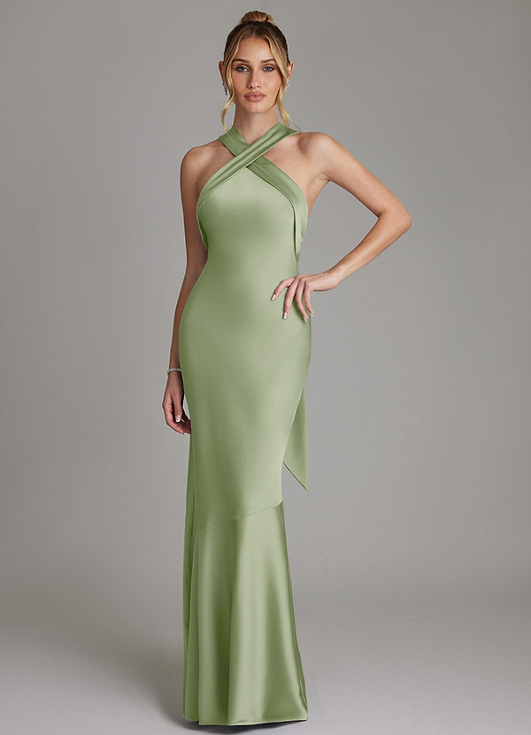Azazie Reign Bridesmaid Dresses Dusty Sage Mermaid Pleated Stretch Satin Dress image1