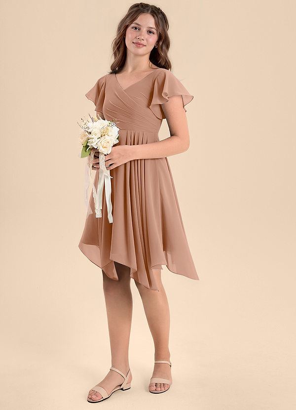 Azazie Janeaurelia Junior Abito A-Line in Chiffon Plissettato Champagne Rosa image1