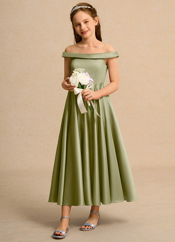 Azazie Teeny Girls Formal Abiti da Ragazza di Fiori Abito A-Line in Raso Opaco Plissettato Verde Muschio image1